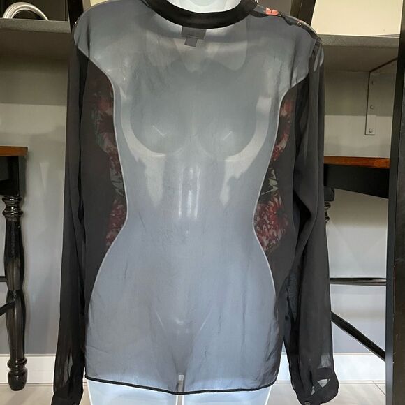 Worthington loose fit sheer floral front tie long sleeve, button front tunic. - Picture 4 of 10